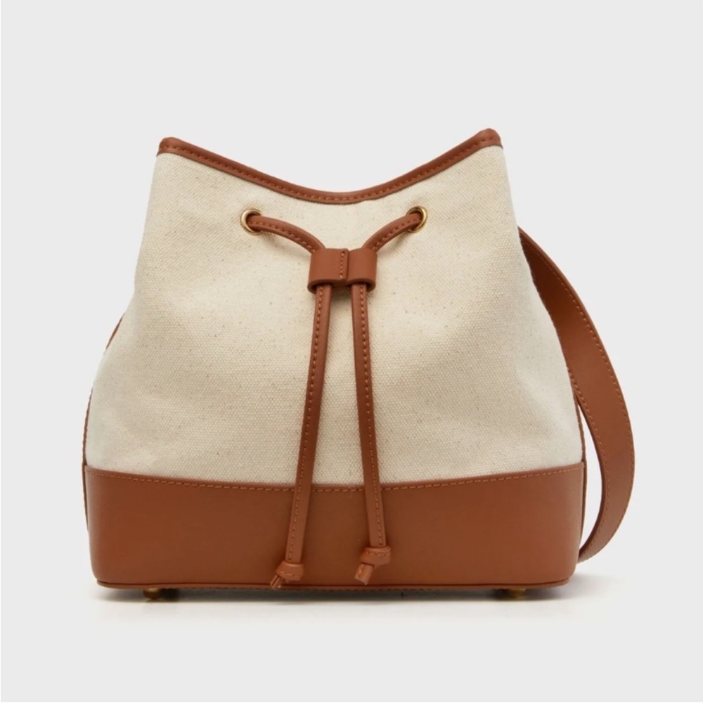 Tuckernuck Cream Canvas and Brown Leather Drawstring Bucket Bag